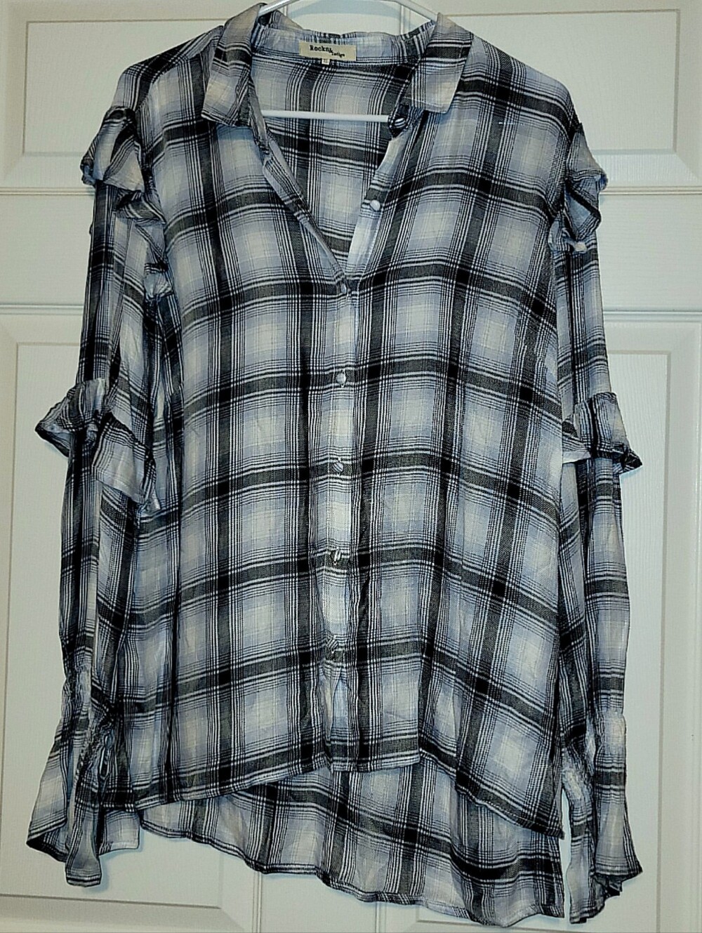 Plaid Button-Front Ruffle Sleeve Top